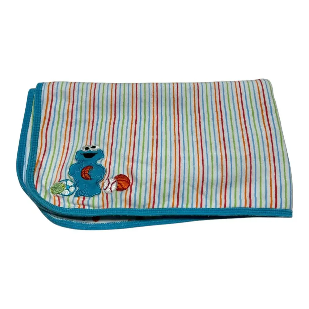 Sesame Street Cookie Monster Elmo Sports Balls Striped Baby Blanket Cotton Blue